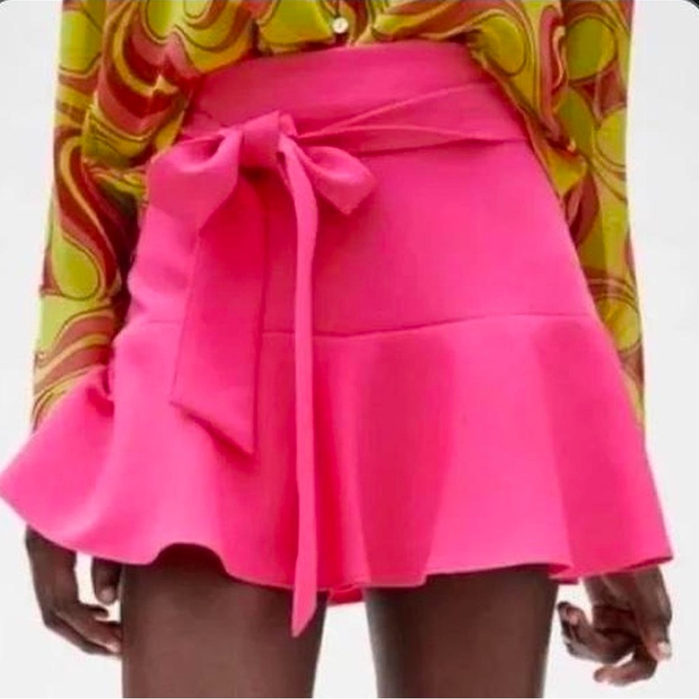 Zara Pink Mini Skater Skirt with Tie Front and Ruffles for Cocktail